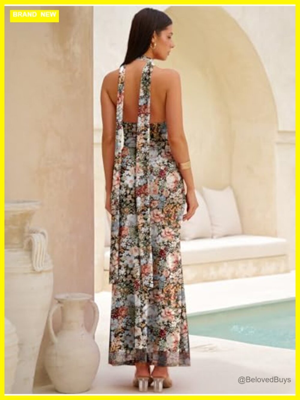 Women's Halter Neck Bodycon Maxi Dress Floral Mesh Formal Wedding Guest - Picture 5 of 6